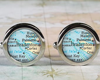 Bradenton, Florida cuff links, Palmetto FL map Cortez FL map cufflinks vacation map gift Father's Day gift for Dad