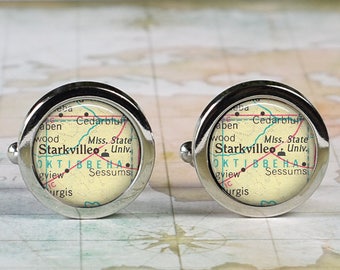 Mississippi State University cufflinks, MSU cufflinks graduation gift college student gift alumni gift Starkville MS map cuff links