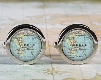 Greece cuff links, Greece map cufflinks wedding gift anniversary gift for groom men's gift groomsmen gift for best man Father's Day gift