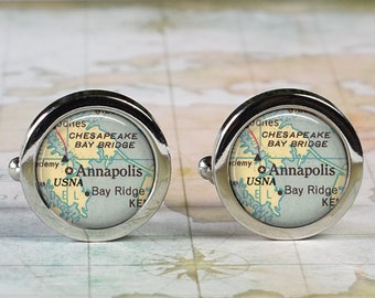 Annapolis cuff links, USNA cuff links Annapolis map cufflinks US Naval Academy graduation gift wedding gift anniversary Father's Day gift