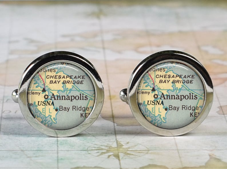 Annapolis cuff links, USNA cuff links Annapolis map cufflinks US Naval Academy graduation gift wedding gift anniversary Father's Day gift image 1