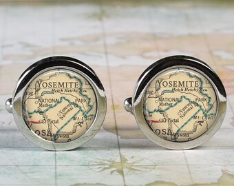 Yosemite cufflinks, Yosemite National Park map cuff links vacation destination map gift hiking camping gift for hiker camper outdoorsman