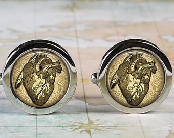 Antique Anatomical Heart cufflinks, cardiologist cufflinks, cardiology cardiac surgeon or nurse gift graduation gift medical student gift