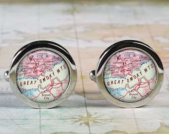 Great Smoky Mountains cufflinks, Great Smoky Mtns map cufflinks wedding gift anniversary gift for groom or groomsmen hiking camping gift