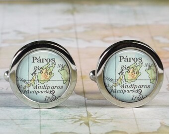 Paros, Greece cuff links, Andiparos Greece map cufflinks travel Paros, Greece map gift wedding or anniversary gift Greek Isles travel gift