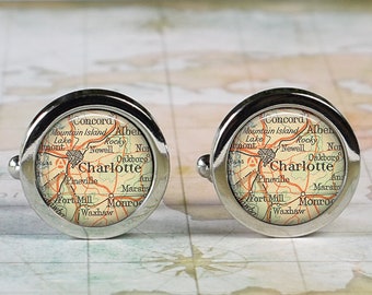Charlotte, North Carolina cufflinks, Charlotte NC map cufflinks men's gift hometown map gift Father's Day gift for Dad