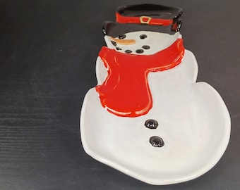 Handmade Stoneware Snowman Platter, Holiday Serving Dish