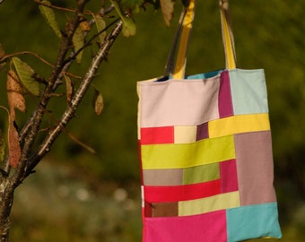 Sac fourre tout - tote bag - patchwork d'échantillons, multicolore,  intérieur lin