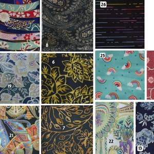 May include: A collection of 10 fabric swatches with various patterns and colors, including floral, paisley, geometric, and abstract designs. The swatches are numbered 6, 7, 8, 9, 13, 18, 19, 21, 22, and 25.