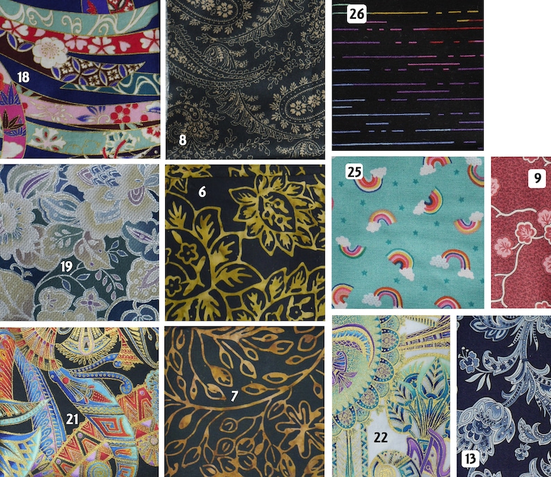 May include: A collection of 10 fabric swatches with various patterns and colors, including floral, paisley, geometric, and abstract designs. The swatches are numbered 6, 7, 8, 9, 13, 18, 19, 21, 22, and 25.