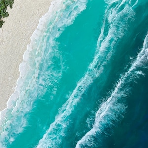 Oeuvre d'art originale 3D, plage tropicale, palmiers et vagues