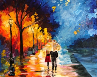 May include: A painting of a couple walking under an umbrella in a city street at night. The street is lit by streetlights and the sky is a vibrant blue with a full moon. The couple is silhouetted against the bright lights and the moon.