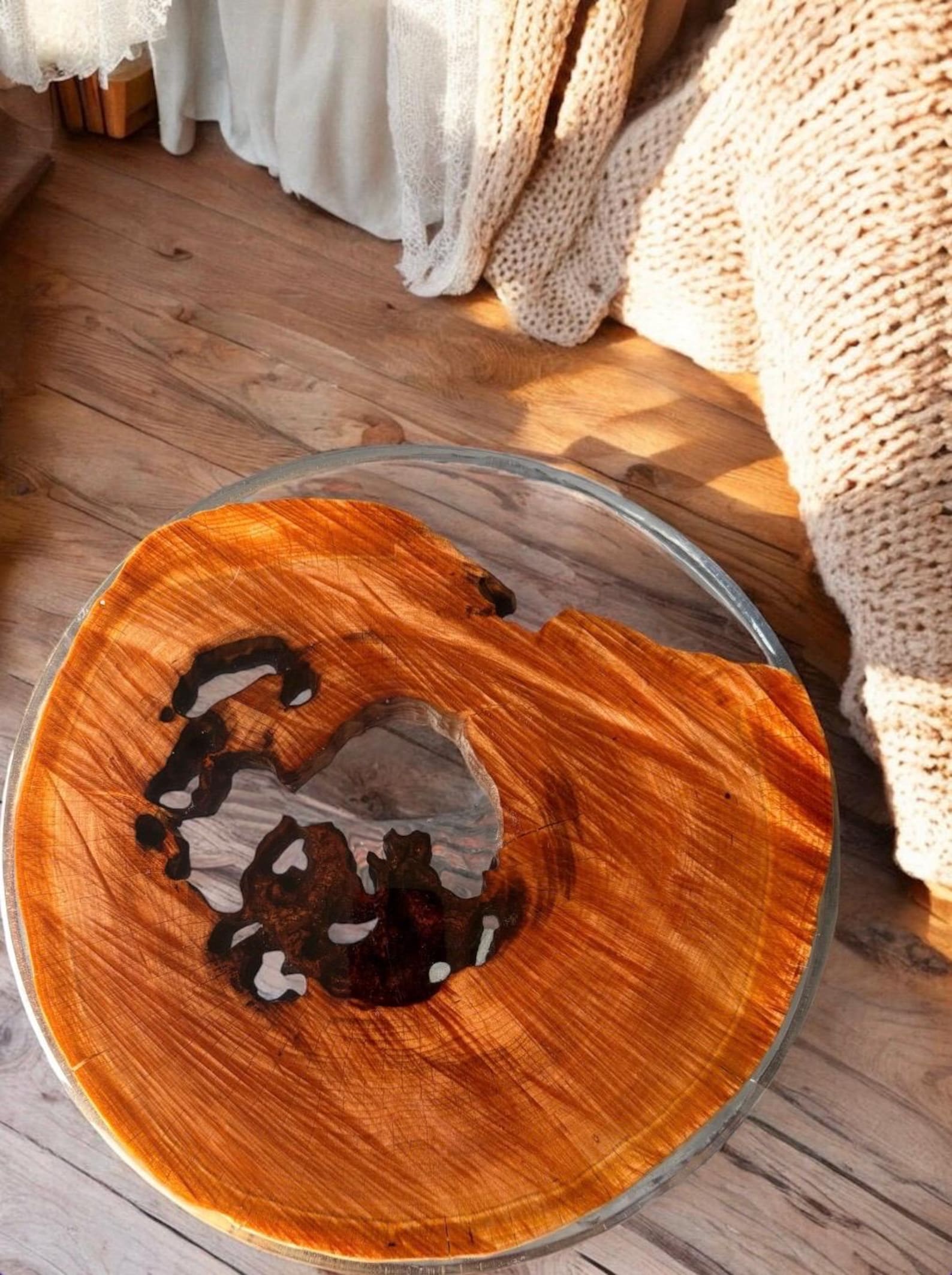 Cherry Wood & Epoxy Resin End Table With Root Base – Live Edge Side ...