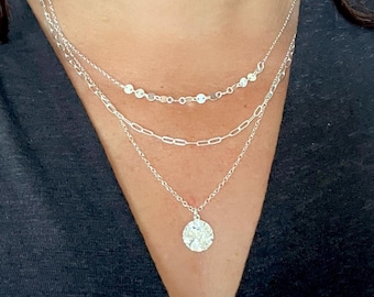Sterling Silver Layered Necklace Set • Hammered Disc Pendant • Paperclip Chain, Sequin Choker • Minimalist Multi-Strand Jewelry • Gift