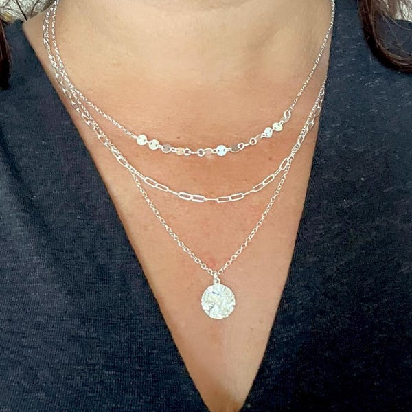 Sterling Silver Layered Necklace Set • Hammered Disc Pendant • Paperclip Chain, Sequin Choker • Minimalist Multi-Strand Jewelry • Gift