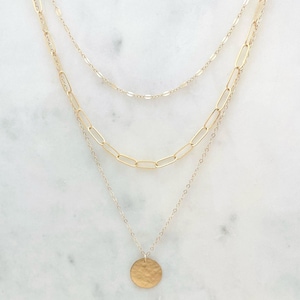 Gold Layered Necklace Set, Paperclip Chain with Coin Pendant, Dainty 14k Gold Filled Jewelry, Gift for Her, Handmade, Artisan