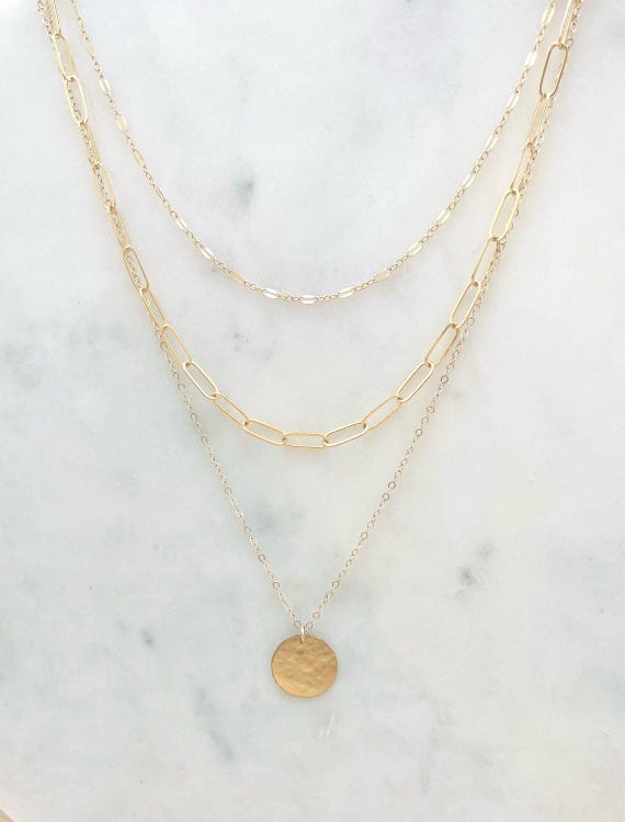 Gold Layered Necklace Set, Paperclip Chain with Coin Pendant, Dainty 14k Gold Filled Jewelry, Gift for Her, Handmade, Artisan