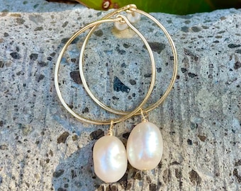 Pearl Hoop Earrings, Classic Pearl Hoops, Freshwater white pearl earrings, Hoop Earrings, Gift for her