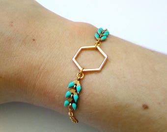 Bracelet chaine dorée à l'or fin 24K et chevron émaillé noir / bleu turquoise