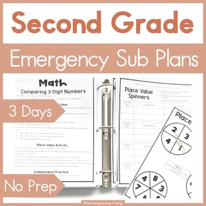 May include: A binder with two pages open, showing lesson plans for second grade maths. The pages are titled "Comparing 3-Digit Numbers" and "Place Value Spinners". The lesson plans are designed for 3 days of instruction and include activities for place value and comparing numbers. The text "No Prep" is visible at the bottom of the page.