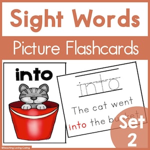 May include: A printable sight word flashcard featuring the word "into" with a picture of a cat going into a red bucket. The text "The cat went into the bucket" is also included on the card. This is part of a set of flashcards labeled "Set 2".