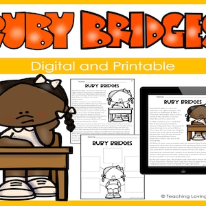 Op de afbeelding: Zwart-witte illustratie van een jong meisje dat aan een bureau zit. De tekst "RUBY BRIDGES" staat in een rode banner bovenaan de pagina. De tekst "Digital and Printable" staat onder de banner. Er zijn drie afdrukbare werkbladen met de tekst "RUBY BRIDGES" op elk.