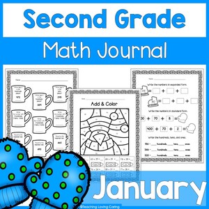 May include: A blue and white Second Grade Math Journal with the word "January" at the bottom. The journal pages include math problems, such as expanded form and colour-by-number activities. The cover features the title "Second Grade Math Journal".