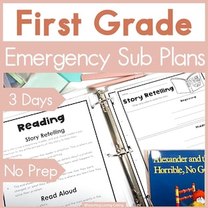 Peut inclure: Un classeur avec une page blanche ouverte sur un plan de leçon de lecture pour la première année. Le plan de leçon est intitulé "Récit d'histoire" et comprend des instructions pour les élèves pour dessiner et écrire pour raconter une histoire. Le classeur est ouvert sur une page avec le titre "Pas de préparation" et comprend des instructions pour les enseignants pour utiliser le plan de leçon. Le classeur est également ouvert sur une page avec le titre "Lire à haute voix" et comprend des instructions pour les enseignants pour lire à haute voix aux élèves. Un livre intitulé "Alexandre et la journée horrible, pas bonne, très mauvaise" est visible dans le coin inférieur droit de l'image.