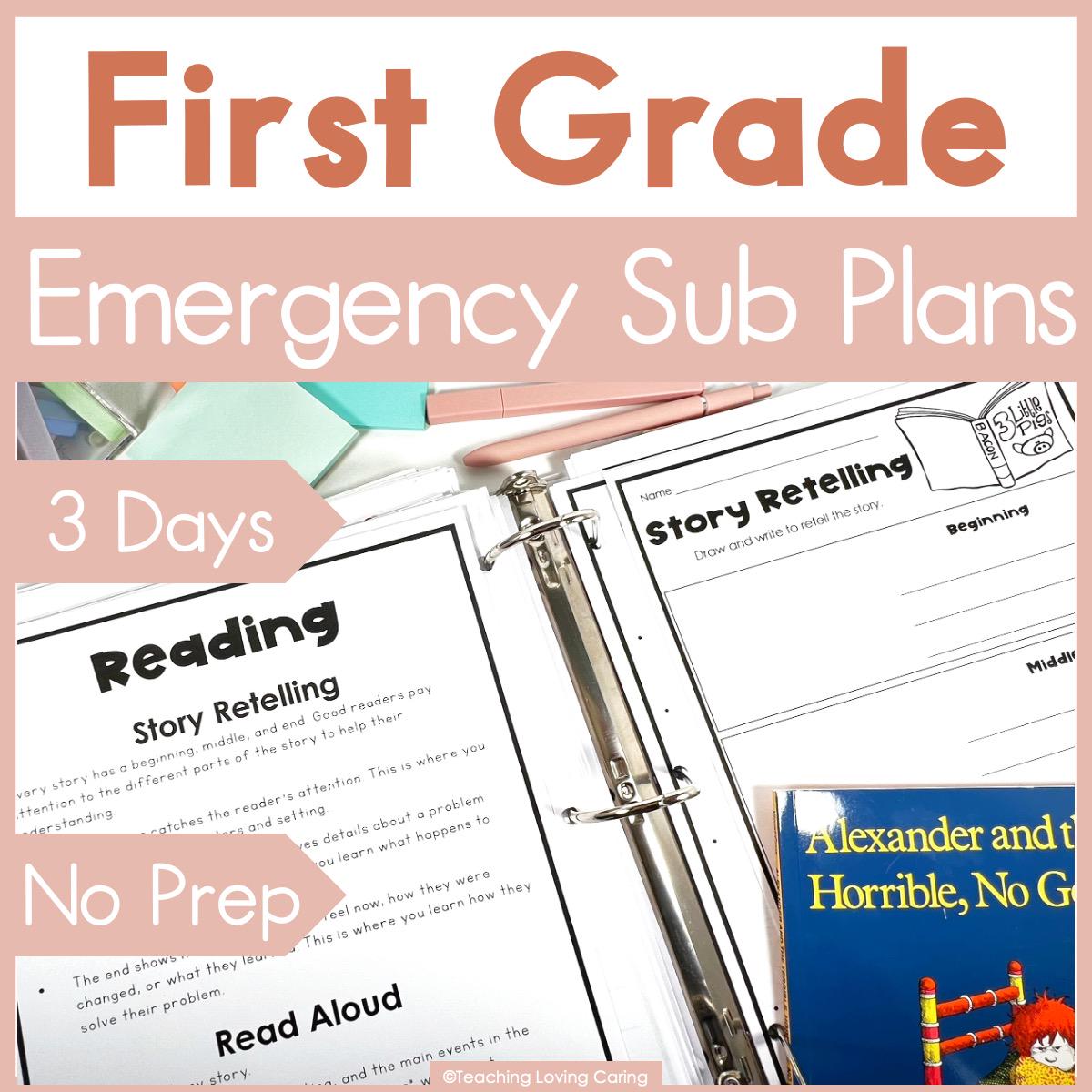 First Grade Emergency Sub Plans for Back to School Sub Binder or Sub Tub