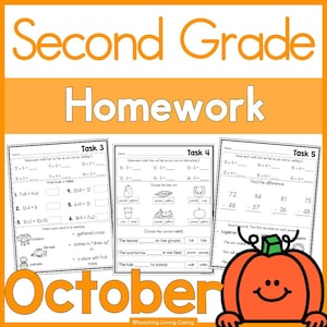 May include: Three educational worksheets titled Second Grade Homework October, featuring math problems, unit measurement exercises, and vocabulary matching tasks with illustrations of a pumpkin, trees, and a scarecrow.