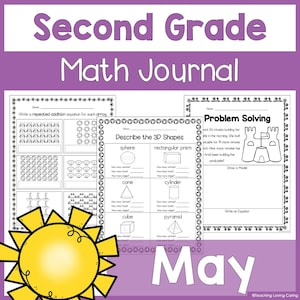 May include: A second-grade math journal with the title "Second Grade Math Journal" in white text on a purple background. The journal includes pages for repeated addition, 3D shape descriptions, and problem-solving. A yellow sun graphic is in the lower left corner.