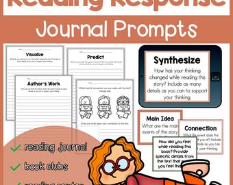 May include: Black and white printable reading response journal prompts for students. The prompts include: Visualize, Author's Work, Predict, Synthesize, Main Idea, and Connection. The text "Reading Response Journal Prompts" is at the top of the page.