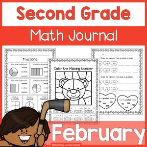 Może przedstawiać: Czerwona okładka z napisem "Second Grade Math Journal" i "February". W środku arkusze matematyczne zawierają ułamki, porządkowanie liczb i kolorowankę z misiem. Materiał edukacyjny dla uczniów szkół podstawowych.