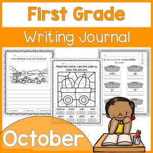 Puede incluir: Un "Diario de escritura de primer grado" naranja y blanco con texto "Octubre". El diario incluye indicaciones de escritura, ejercicios de verbos y actividades de descifrado de palabras. Se muestra un niño de dibujos animados en un escritorio con un libro y lápices.
