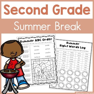 May include: Black and white printable worksheets for second grade summer break. The worksheets include a summer ABC order activity and a summer sight words log.