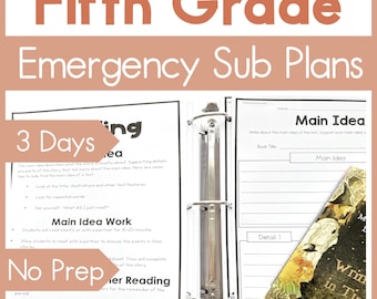 Fifth Grade Emergency Sub Plans for Back to School Sub Binder or Sub Tub