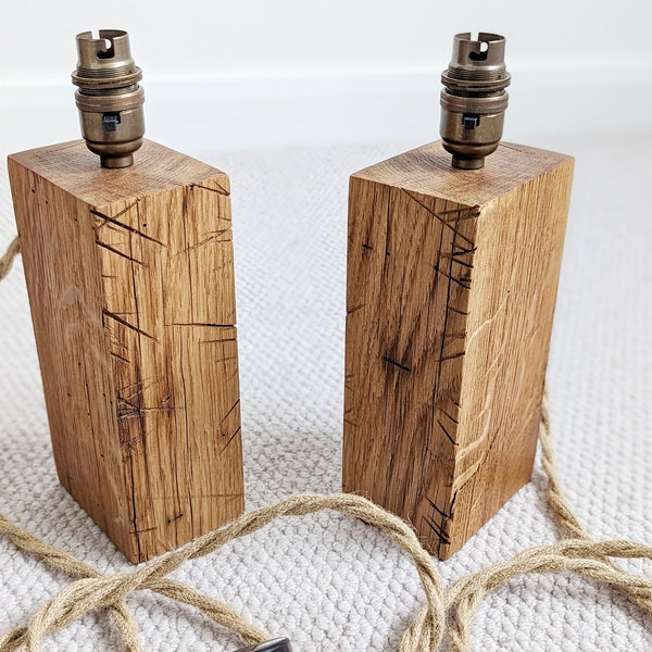 Bedside table light, pair bedside lamps, table lamps,oak rustic lamps, handmade, vintage table lamps, oak block table lamp,desk light,rustic