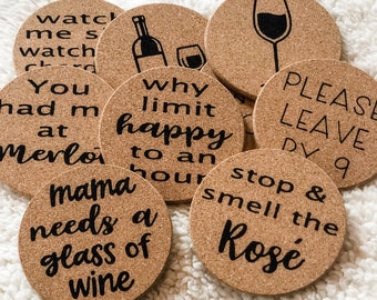 Wine Theme Cork Coasters, Wine Coasters, Wine Lover Gift, Whimsical Wine Coasters, Wine Barware Coasters, 4" Cork Coasters