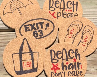 Cork Coasters LBI, Long Beach Island Coasters, LBI Beach Lover Gift, Whimsical Coasters, Beach a House Gifts