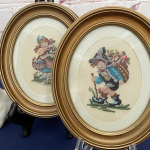 Vintage Hand-Embroidered Cross Stitch Pair, Oval Gold Frames