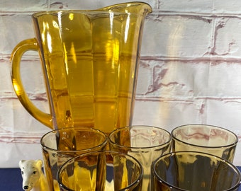 Mid Century,  6 Piece Set, Dark GOLD GLASS, Pitcher and 5 Glasses