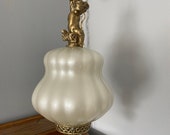 Mid Century, Hollywood Regency, CHERUB SWAG LAMP, White Iridescent Glass Shade