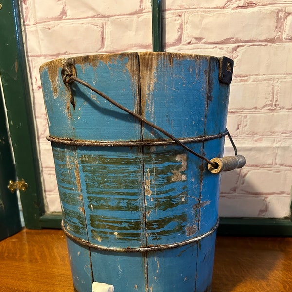 Old, WOOD ICE CREAM, Bucket, Shabby Blue Paint Finish, Primitive Decor, Wood Handle