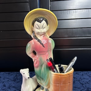 Stara azjatycka figurka w doniczce, pojemnik na ołówki, doniczka na sukulenty,