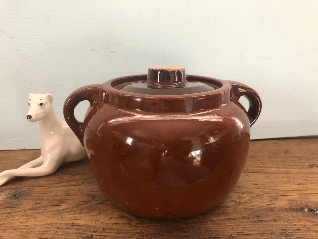 Vintage Stoneware Bean Pot, With Lid, Two Handles, Brown Glaze Etsy