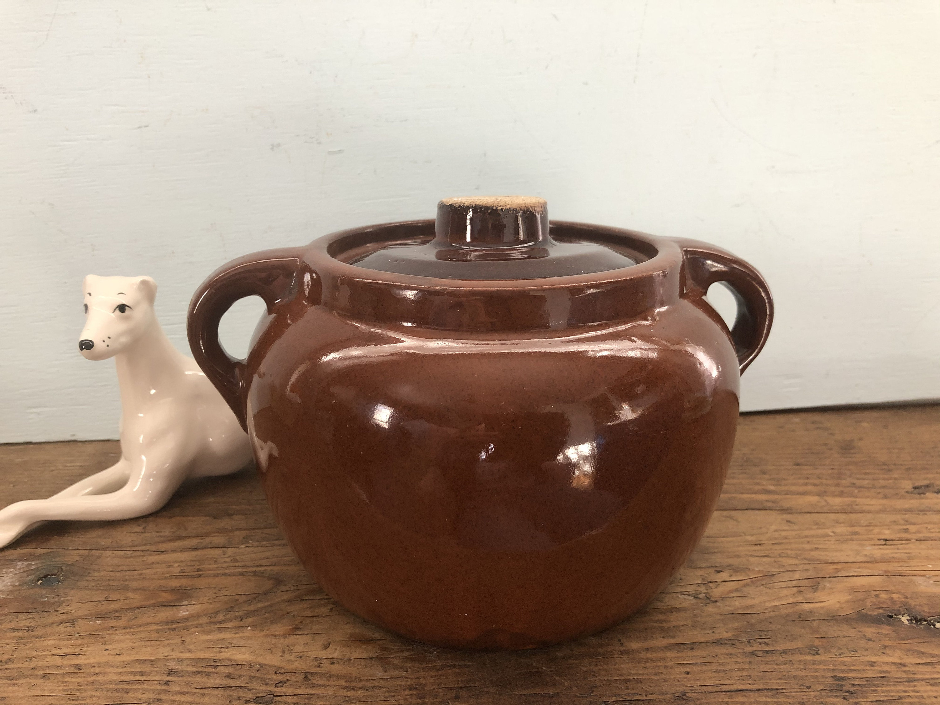 Vintage Stoneware Bean Pot with Lid Two Handles Brown Glaze Etsy