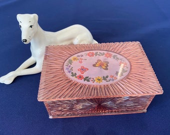 Vintage PINK LUCITE JEWELRY Box, with Removable Tray, Mirror, Starburst Design, Made in Hong Kong, 5.5X3.5X2"