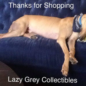 May include: A light brown dog is resting on a dark blue couch, wearing a blue bandana. The dog is lying down with its head on a patterned pillow. The text "Thanks for Shopping" and "Lazy Grey Collectibles" are visible.
