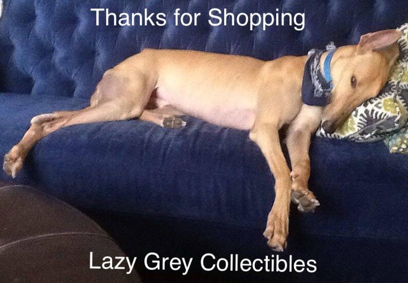 May include: A light brown dog is resting on a dark blue couch, wearing a blue bandana. The dog is lying down with its head on a patterned pillow. The text "Thanks for Shopping" and "Lazy Grey Collectibles" are visible.