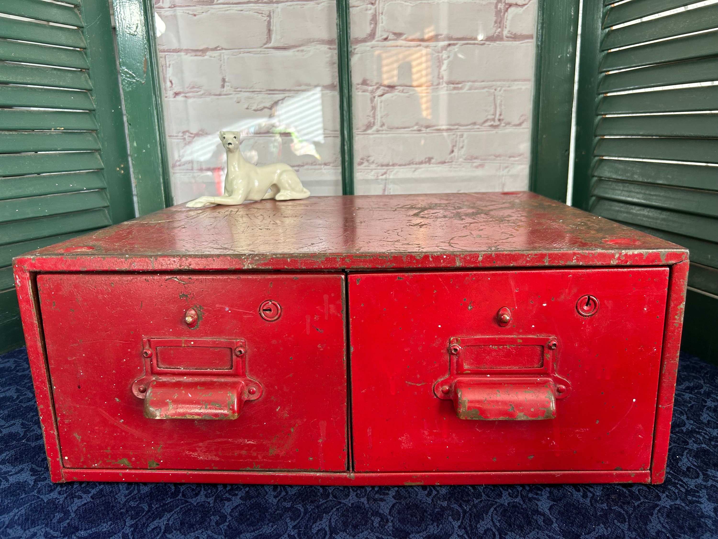 Vintage 1950's Industrial Craftsman Metal Store Display Parts Cabinet Box  With Four Divided Red Plastic Drawers Organizer Storage Cabinet 